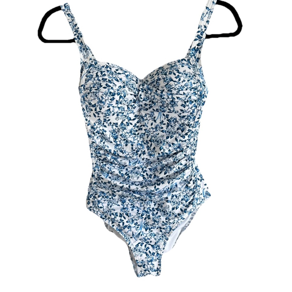 Niptuck Swim One Piece Cross Front Blue Floral Pattern Swimsuit Size 4